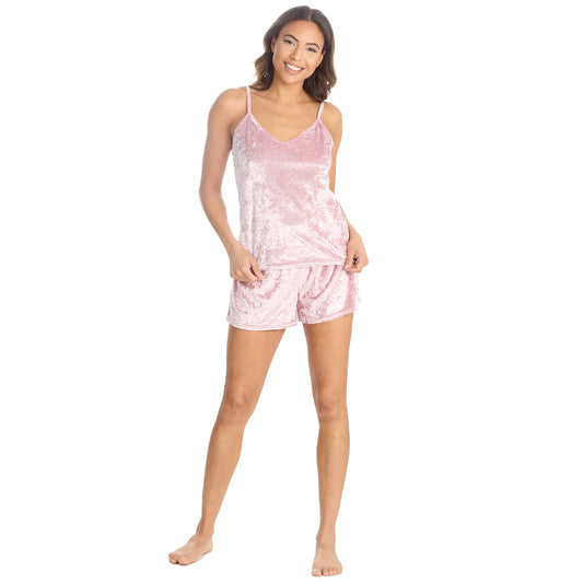 Ladies Luxury Pink Velvet Cami Pyjama Set