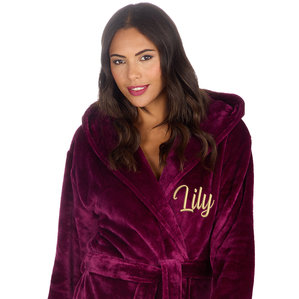 Personalised Ladies Burgundy Long Hooded Dressing Gown