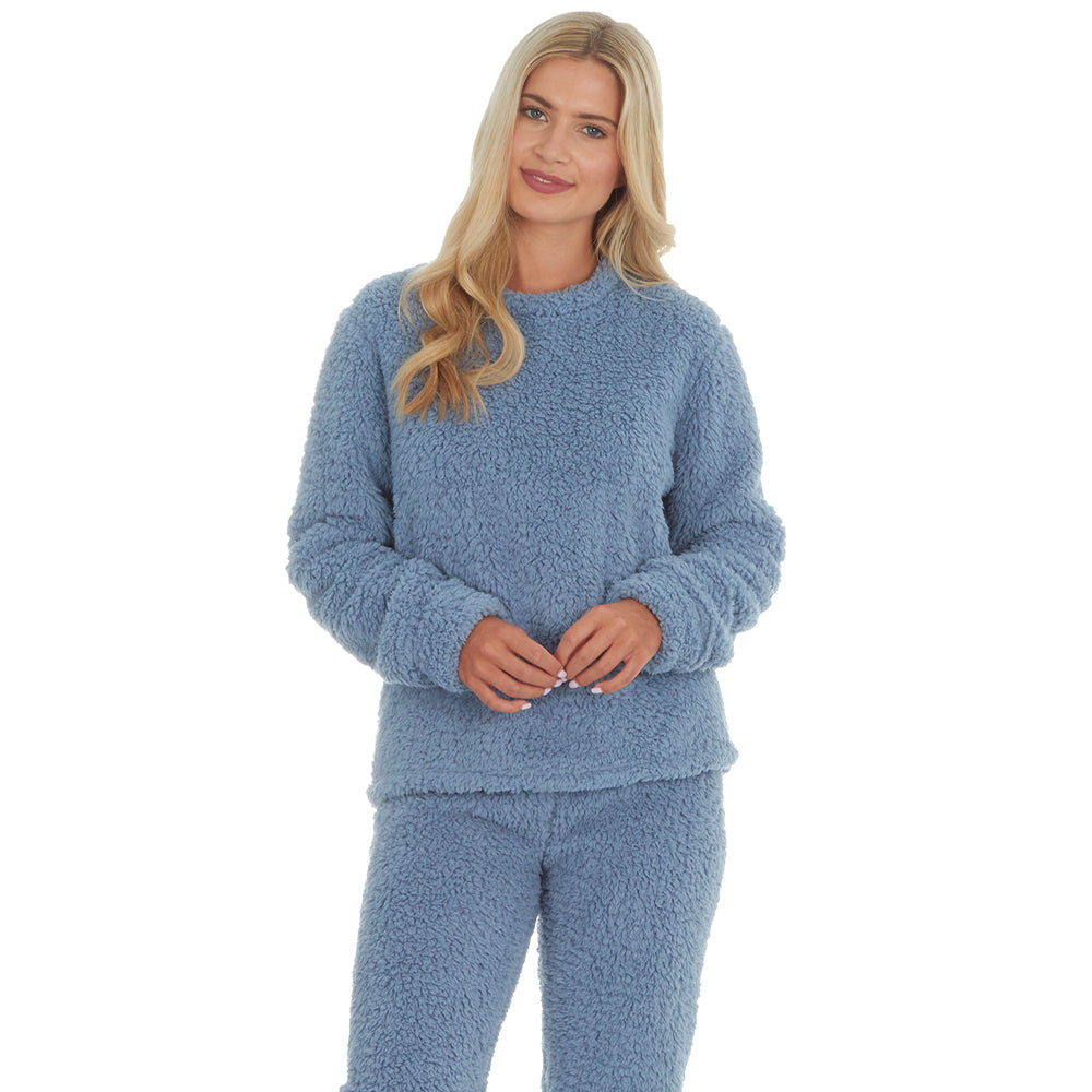 Ladies Blue Sherpa Fleece Pyjama Set