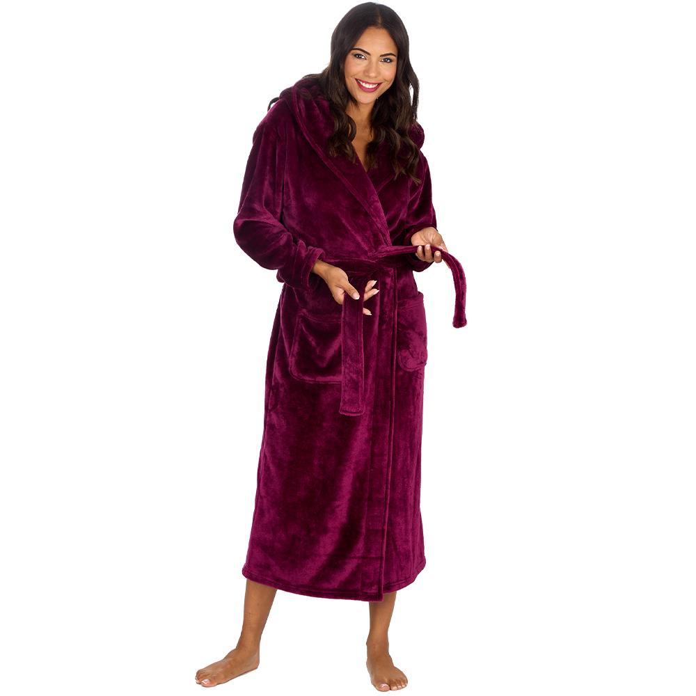 Ladies Burgundy Long Hooded Dressing Gown