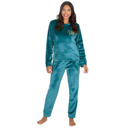 Personalised Ladies Teal Fleece Pyjama Set