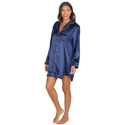 Ladies Navy Silky Satin Nightshirt