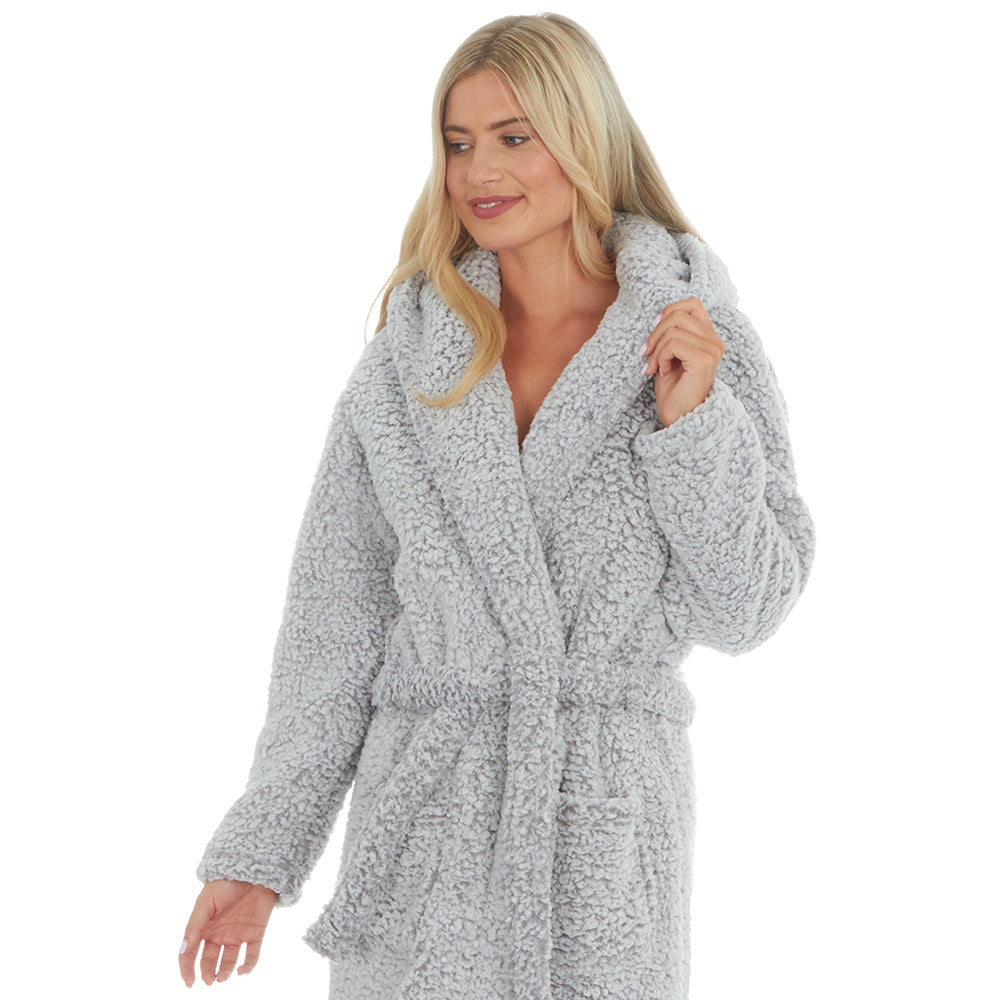 Ladies Grey Sherpa Fleece Dressing Gown