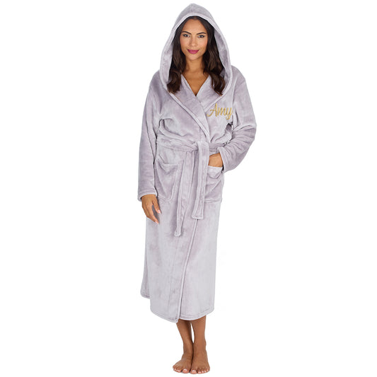 Personalised Ladies Silver Long Hooded Dressing Gown