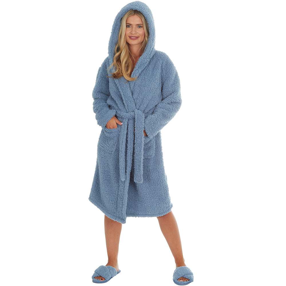 Ladies Blue Sherpa Fleece Dressing Gown