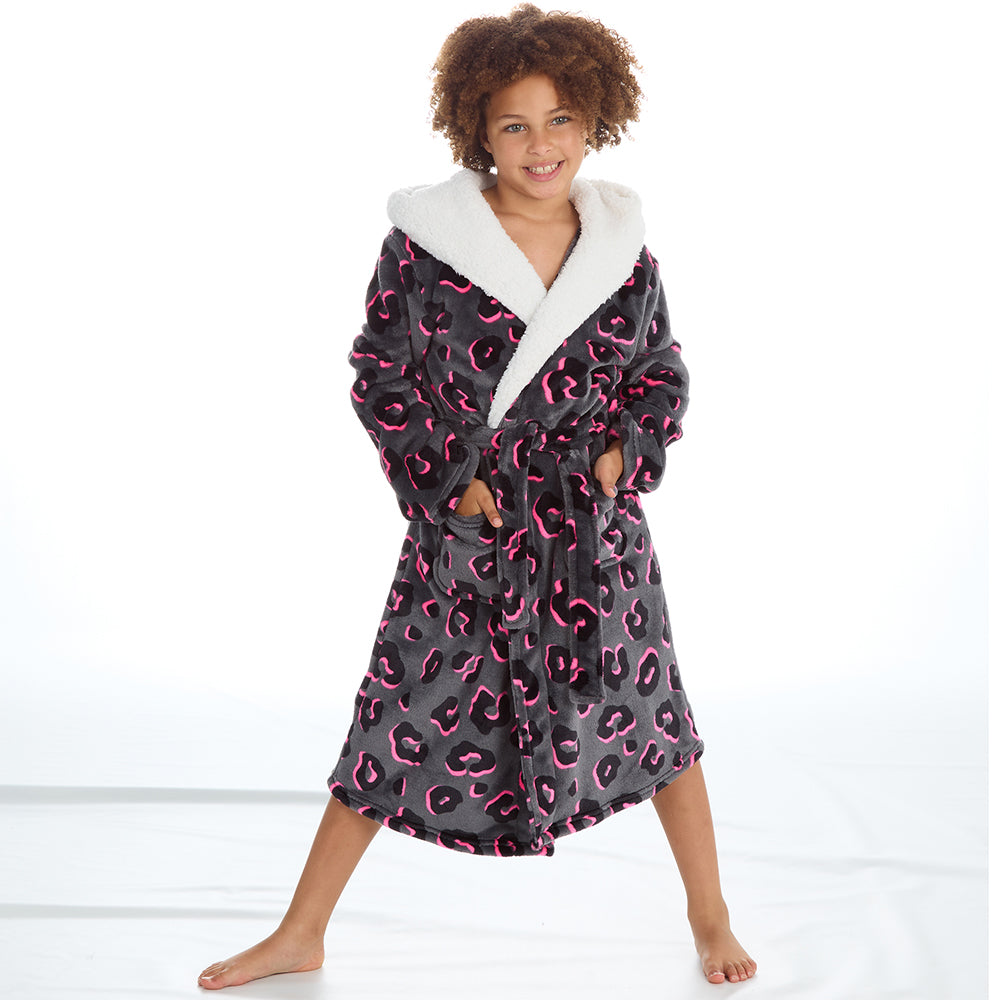 Girls Leopard Grey Dressing Gown