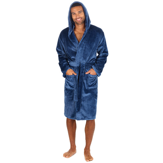 Mens Plain Hooded Blue Dressing Gown