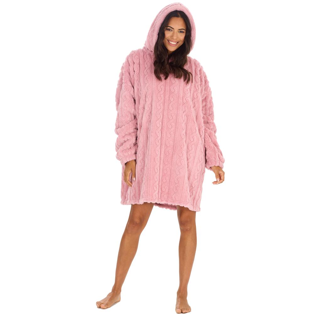 Ladies Pink Cable Sherpa Fleece Blanket Hoodie