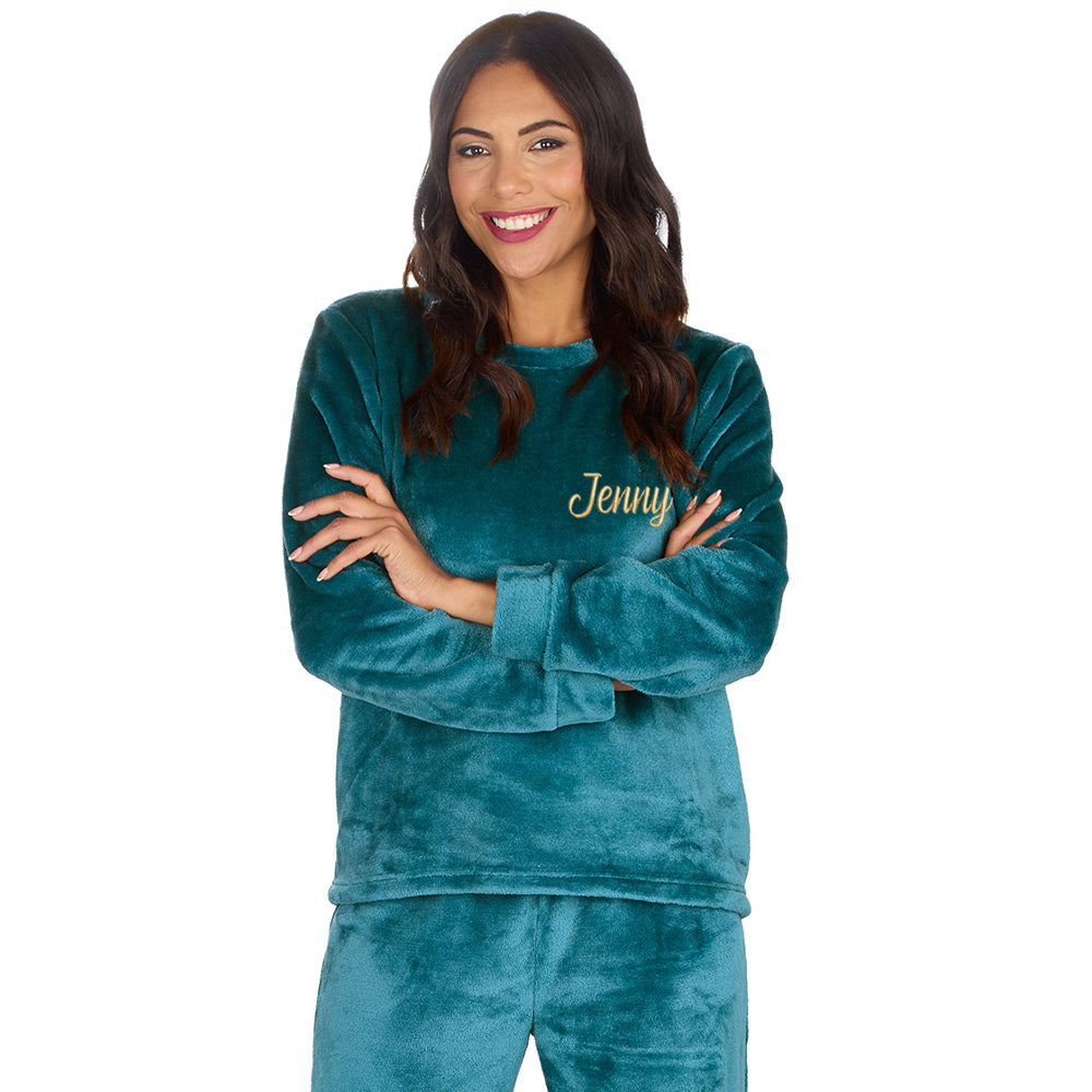 Personalised Ladies Teal Fleece Pyjama Set