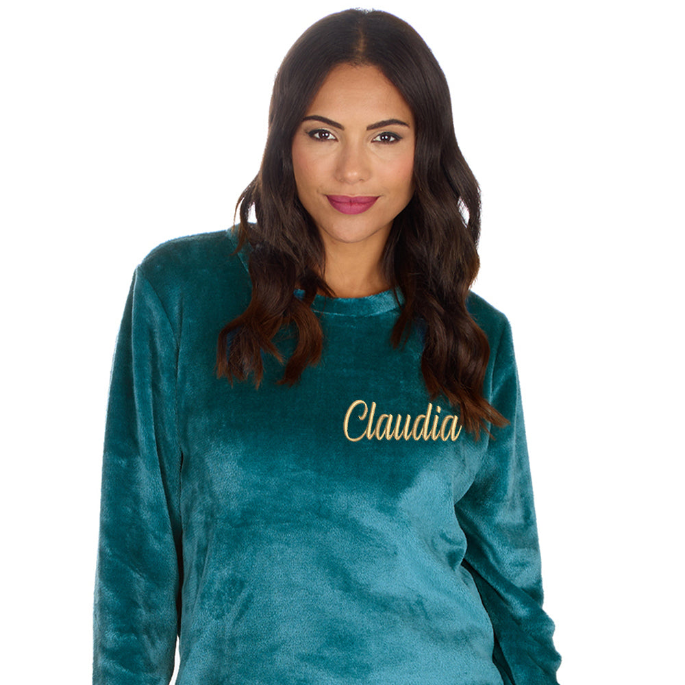 Personalised Ladies Teal Fleece Pyjama Set