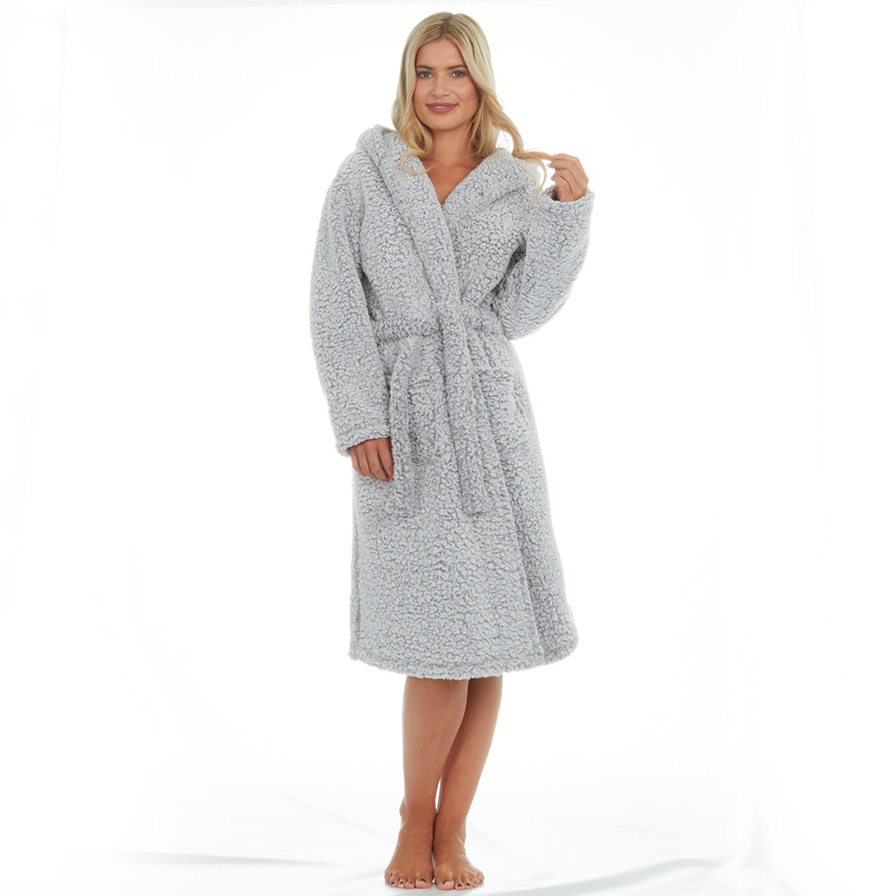 Ladies Grey Sherpa Fleece Dressing Gown