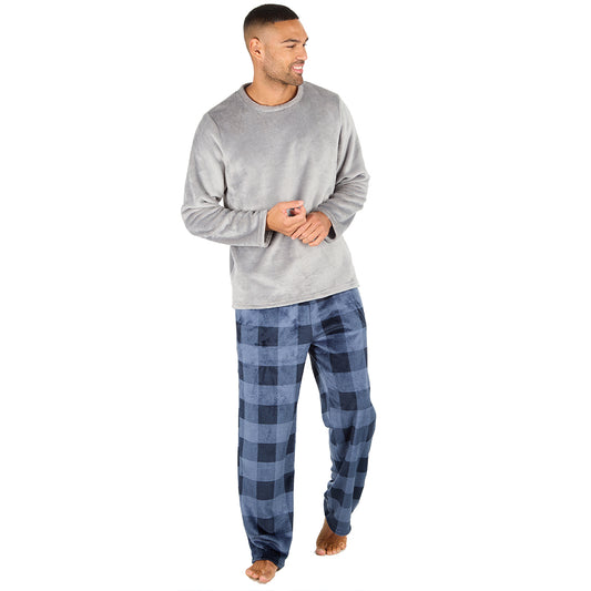 Mens Silver Check Fleece Pyjama Set