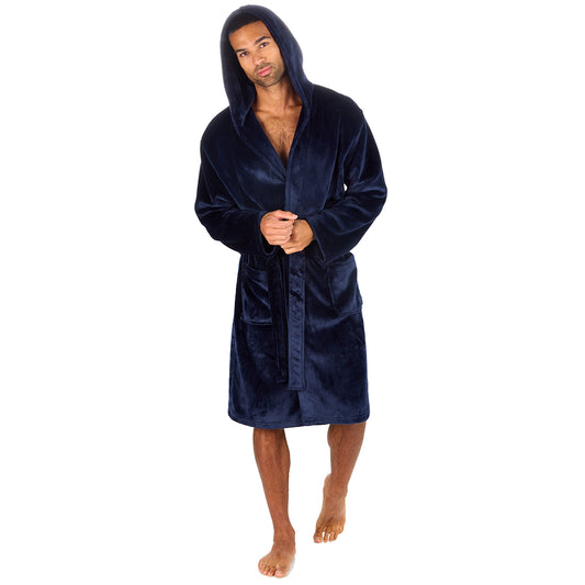 Mens Plain Hooded Navy Dressing Gown