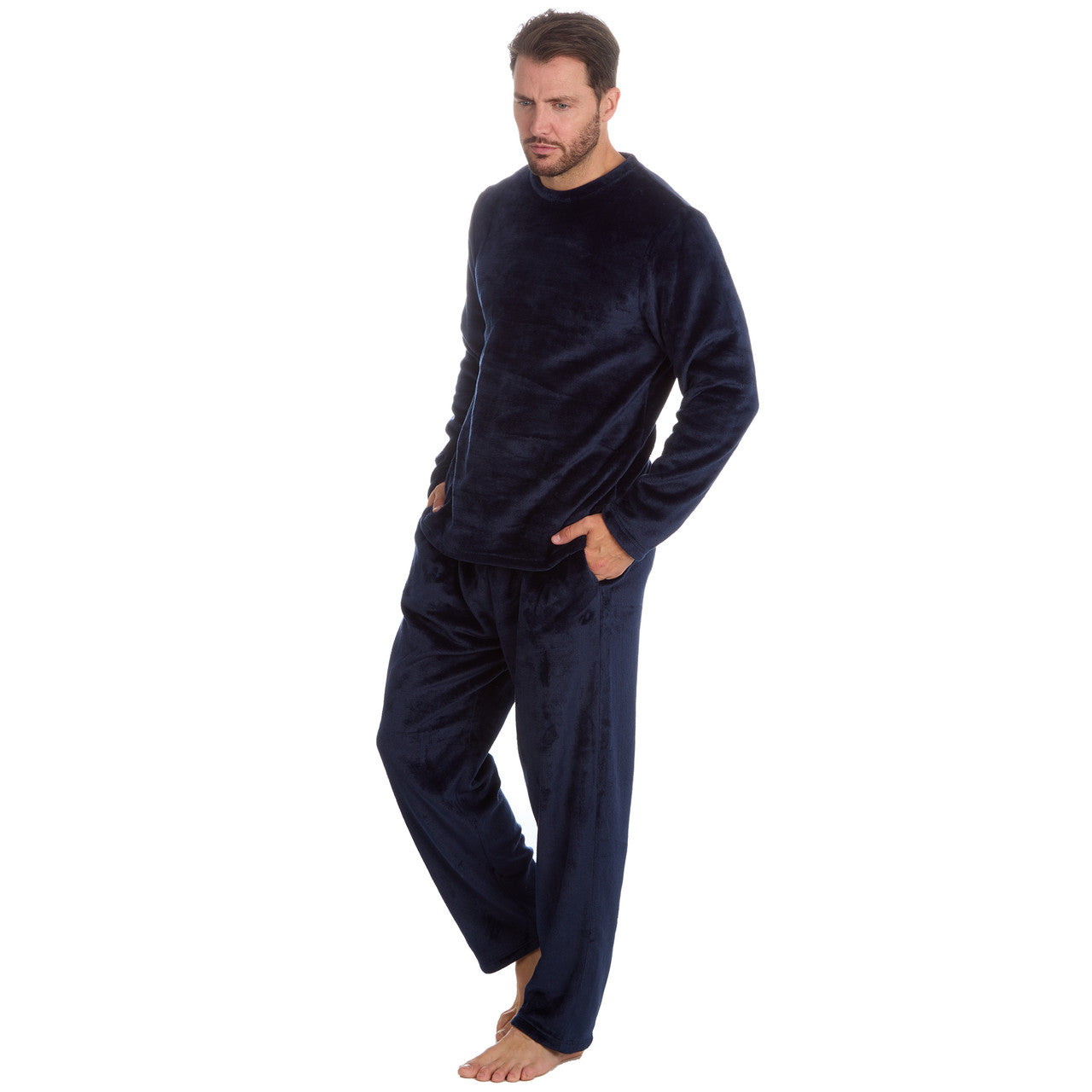 Mens Plain Navy Fleece Pyjama Set