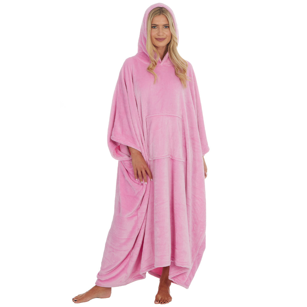 Ladies Plain Pink Poncho Hooded Blanket