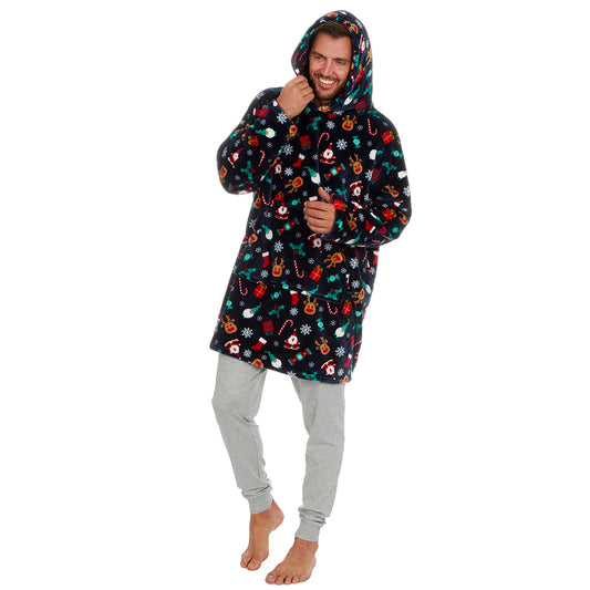 Mens Navy Christmas Print Blanket Hoodie