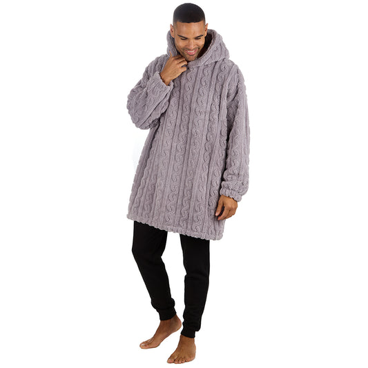 Mens Grey Cable Sherpa Fleece Blanket Hoodie