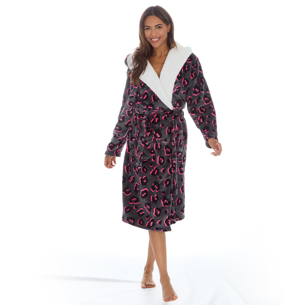 Ladies Leopard Grey Dressing Gown