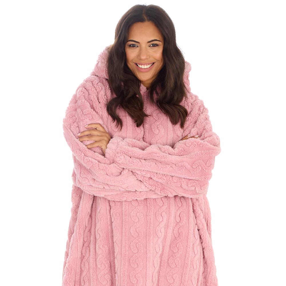 Ladies Pink Cable Sherpa Fleece Blanket Hoodie