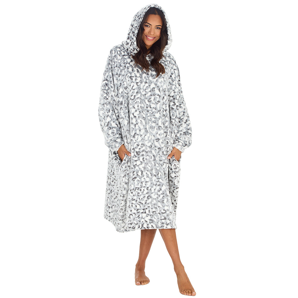 Ladies Leopard Longline Hooded Blanket