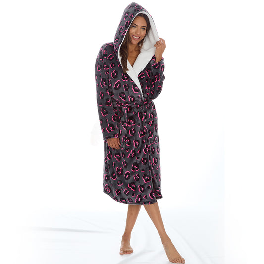 Ladies Leopard Grey Dressing Gown