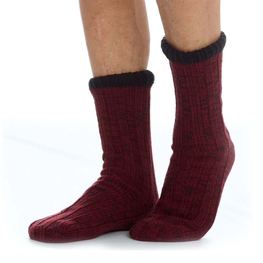 Mens Cable Knit Burgundy Slipper Socks